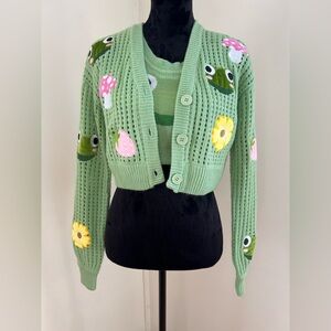 XS Thorn & Fable Frog Mushroom Flower Girls Crop Tank Top & Cardigan Set